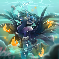 Size: 2875x2903 | Tagged: safe, artist:taiga-blackfield, oc, oc only, oc:midlight, fish, goldfish, hybrid, merpony, sea pony, bracelet, high res, horns, jewelry, male, ocean, solo, underwater, wings