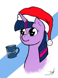 Size: 2480x3327 | Tagged: safe, artist:derpyjoel, twilight sparkle, alicorn, pony, g4, christmas, cup, female, food, hat, high res, holiday, santa hat, solo, tea, teacup, twilight sparkle (alicorn)