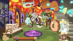 Size: 1280x720 | Tagged: safe, screencap, discord, draconequus, discordant harmony, g4, book, cloud, couch, discord crew, discord's house, donut, flying napkin, food, glasses, hat, hyperventilating, lava, male, napkin, pencil, self paradox, teapot, tentacle plant, tree, vortex, winged teapot, wizard hat