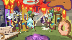 Size: 1280x720 | Tagged: safe, screencap, discord, draconequus, discordant harmony, g4, book, couch, discord crew, discord's house, donut, food, lava, male, multeity, portal, self paradox, tentacle plant, tree, winged teapot