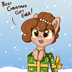 Size: 1472x1472 | Tagged: safe, artist:dsp2003, artist:tjpones, oc, oc only, oc:brownie bun, earth pony, pony, blushing, box, cheek fluff, christmas, collaboration, colored, comic, cute, dialogue, ear fluff, female, holiday, mare, ocbetes, open mouth, pony in a box, single panel, smiling, snow, snowfall, solo