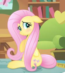 Size: 3333x3741 | Tagged: safe, artist:an-tonio, artist:rainbownspeedash, edit, fluttershy, pegasus, pony, g4, blushing, collaboration, cute, explicit source, female, floppy ears, folded wings, high res, indoors, looking at you, looking sideways, mare, raised hoof, sfw edit, shyabetes, sitting, smiling, solo, wings