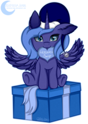 Size: 1240x1748 | Tagged: safe, artist:victoria-luna, princess luna, g4, bell, christmas, cute, female, filly, hat, heart, holiday, lunabetes, mouth hold, polish, present, s1 luna, santa hat, spread wings, wings, woona, younger