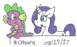 Size: 571x350 | Tagged: safe, artist:cmara, rarity, spike, dragon, g4, draw, female, male, ship:sparity, shipping, straight, traditional art