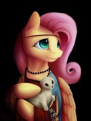 Size: 2244x3000 | Tagged: safe, artist:klarapl, fluttershy, ermine, pegasus, pony, g4, bust, clothes, female, fine art parody, high res, hoof hold, jewelry, lady with an ermine, leonardo da vinci, looking away, looking up, necklace, portrait, simple background, smiling, solo, turned head, wings