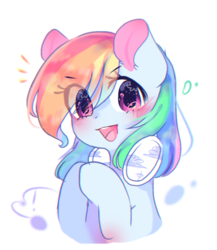 Size: 867x1000 | Tagged: safe, artist:windymils, rainbow dash, pony, blushing, bust, cute, dashabetes, eye clipping through hair, female, happy, headphones, looking at you, mare, open mouth, portrait, simple background, smiling, solo, white background