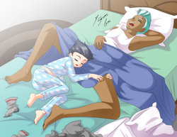 Size: 1024x791 | Tagged: safe, artist:shinta-girl, rumble, thunderlane, human, g4, armpits, barefoot, bed, bedsheets, brothers, clothes, cute, dark skin, discarded clothing, eyes closed, feet, humanized, legs, light skin, male, messy bed, pajamas, penis pillow, pillow, rumblebetes, sleeping, socks, tanned, toenails, toes