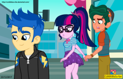 Size: 6112x3904 | Tagged: safe, artist:conikiblasu-fan, flash sentry, sci-twi, timber spruce, twilight sparkle, equestria girls, g4, my little pony equestria girls: better together, absurd resolution, blushing, breasts, busty twilight sparkle, clothes, distracted boyfriend meme, female, geode of telekinesis, glasses, looking back, male, meme, ponytail, role reversal, ship:flashlight, ship:sci-flash, shipping, skirt, skirt lift, smiling, straight, thighs, timberbuse, timbertwi
