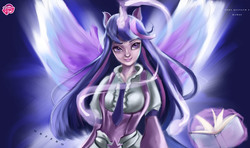 Size: 4000x2368 | Tagged: safe, artist:bunsogen, twilight sparkle, alicorn, human, g4, clothes, female, horn, horned humanization, humanized, smiling, solo, twilight sparkle (alicorn), winged humanization, wings
