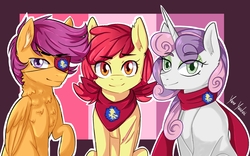 Size: 3208x2000 | Tagged: safe, artist:yumeyuuheii, apple bloom, scootaloo, sweetie belle, earth pony, pegasus, pony, unicorn, g4, abstract background, bandana, clothes, cutie mark, cutie mark crusaders, ear fluff, eyepatch, female, fluffy, high res, looking at you, mare, older, raised hoof, scar, scarf, sitting, smiling, the cmc's cutie marks, torn ear, trio