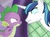 Size: 2732x2048 | Tagged: safe, artist:justsomepainter11, shining armor, spike, dragon, pony, unicorn, anthro, g4, angry, duo, duo male, high res, looking at each other, male, show accurate, stallion, staring contest, twilight's castle, vs, wingless, wingless anthro