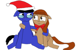 Size: 2636x1720 | Tagged: safe, artist:blazewing, oc, oc:blazewing, oc:pecan sandy, pegasus, pony, belly, bow, boyfriend and girlfriend, christmas, chubby, couple, cute, glasses, hat, hearth's warming, holiday, hug, plump, santa hat, simple background, smiling