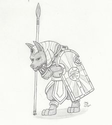 Size: 1754x1969 | Tagged: safe, artist:sensko, jackal, ancient anugypt, anubis, egyptian, grayscale, monochrome, pencil drawing, shield, simple background, solo, spear, traditional art, weapon, white background