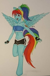 Size: 535x805 | Tagged: safe, artist:shyredd, rainbow dash, anthro, unguligrade anthro, g4, belly button, clothes, female, fingerless gloves, gloves, looking at you, midriff, signature, simple background, solo, spread wings, traditional art, white background, wings
