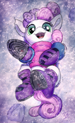 Size: 1024x1673 | Tagged: safe, artist:tsitra360, sweetie belle, pony, unicorn, g4, boots, clothes, cute, daaaaaaaaaaaw, diasweetes, female, filly, horn, looking at you, open mouth, scarf, shoes, smiling, snow, snowfall, solo, weapons-grade cute