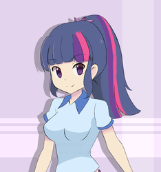 Size: 1009x1080 | Tagged: safe, artist:chocomiru02, sci-twi, twilight sparkle, human, g4, clothes, commission, female, humanized, ponytail, shirt, solo