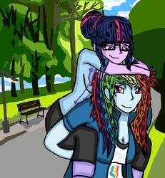 Size: 6000x6502 | Tagged: safe, artist:takrontoxicity, rainbow dash, sci-twi, twilight sparkle, equestria girls, g4, absurd resolution, bench, female, lesbian, ship:sci-twidash, ship:twidash, shipping, streetlight, tree