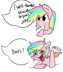 Size: 885x1010 | Tagged: safe, artist:hawthornss, artist:kaikururu, oc, oc only, oc:paper stars, bat pony, pony, base used, bat pony oc, comic, crying, dialogue, laughing, meme, offscreen character, simple background, solo, speech bubble, tears of laughter, wheeze, white background