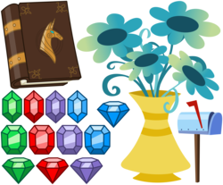 Size: 5000x4148 | Tagged: source needed, safe, artist:php11, friendship is magic, g4, absurd resolution, book, book of harmony, flower, flower pot, gem, mailbox, no pony, resource, simple background, transparent background, vase, vector