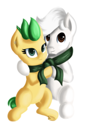 Size: 1700x2344 | Tagged: safe, artist:qbellas, oc, oc only, earth pony, pony, 2018 community collab, derpibooru community collaboration, clothes, duo, piercing, scarf, shared clothing, shared scarf, shipping, simple background, transparent background
