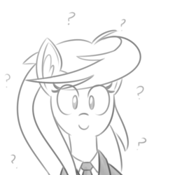 Size: 500x500 | Tagged: dead source, safe, artist:reiduran, oc, oc only, oc:ostria chime, pony, bust, clothes, ear fluff, female, grayscale, looking at you, mare, monochrome, necktie, question mark, simple background, sketch, smiling, solo, white background