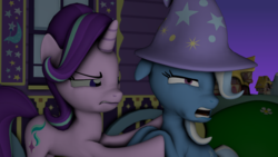 Size: 3840x2160 | Tagged: safe, artist:discopears, artist:dracagon, artist:oc1024, starlight glimmer, trixie, g4, to where and back again, 3d, cape, clothes, hat, high res, open mouth, scene interpretation, source filmmaker, trixie's cape, trixie's hat