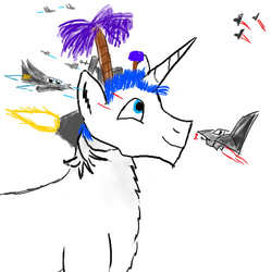 Size: 500x500 | Tagged: safe, artist:horsesplease, edit, double diamond, pony, unicorn, g4, aircraft, grass, laser, paint tool sai, satellite dish, spaceship, species swap, tree, volcano