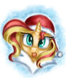 Size: 2000x2366 | Tagged: safe, artist:qbellas, sunset shimmer, pony, unicorn, g4, christmas, cute, female, hat, high res, holiday, looking at you, mare, santa hat, shimmerbetes, silly, silly pony, simple background, solo, tongue out