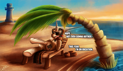 Size: 1250x725 | Tagged: safe, artist:jamescorck, oc, oc only, oc:movie slate, pony, unicorn, beach, beach chair, chair, female, lighthouse, mare, ocean, palm tree, sunglasses, tree, vacation, water