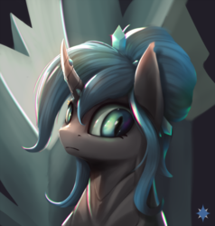 Size: 1564x1644 | Tagged: safe, artist:noctilucent-arts, oc, oc only, oc:queen polistae, changeling, changeling queen, bust, changeling oc, changeling queen oc, commission, curved horn, female, horn, looking at you, mare, solo