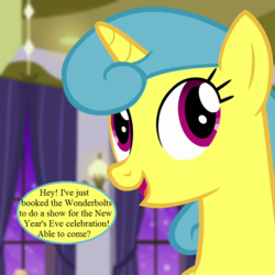 Size: 720x720 | Tagged: safe, edit, edited screencap, editor:korora, screencap, lemon hearts, amending fences, g4, bronybait, cropped, implied wonderbolts, new years eve, speech bubble