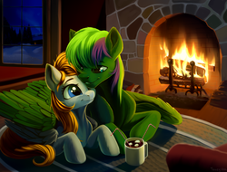 Size: 2840x2160 | Tagged: safe, artist:taneysha, oc, oc only, oc:brocc, oc:cookie byte, pony, commission, female, fireplace, high res, male, mare, mug, oc x oc, shipping, smiling, snow, stallion, straight, window, winter