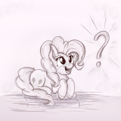 Size: 1024x1024 | Tagged: safe, artist:check3256, pinkie pie, earth pony, pony, g4, cute, diapinkes, female, monochrome, prone, question mark, sketch, smiling, solo