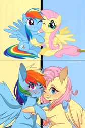 Size: 1800x2700 | Tagged: safe, artist:silbersternenlicht, screencap, fluttershy, rainbow dash, pegasus, pony, fame and misfortune, g4, blushing, cheek fluff, cute, female, hug, lesbian, looking at you, mare, one eye closed, scene interpretation, screencap reference, ship:flutterdash, shipping, smiling, we're not flawless