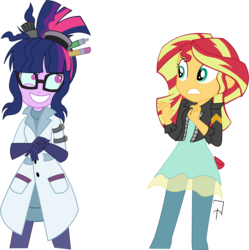 Size: 1692x1701 | Tagged: safe, artist:princessfireshiner, sci-twi, sunset shimmer, twilight sparkle, human, equestria girls, g4, commission, duo, duo female, female, grin, mad scientist, midnight sparkle, possessed, simple background, smiling, transparent background, vector, worried