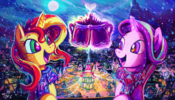 Size: 3208x1837 | Tagged: safe, artist:jowyb, starlight glimmer, sunset shimmer, pony, unicorn, g4, building, clothes, cloud, color porn, eyestrain warning, full moon, glowing horn, horn, lights, looking at each other, magic, moon, night, open mouth, ponyville, scarf, sky, smiling, snow, snowfall, telekinesis, winter