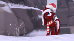 Size: 1920x1080 | Tagged: safe, artist:fd-daylight, oc, oc only, oc:dera, pony, 3d, christmas, female, hat, holiday, mare, santa hat, smiling, snow, solo, source filmmaker