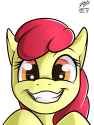 Size: 3000x4000 | Tagged: safe, artist:azerta56, apple bloom, pony, g4, 365 days challenge, adorabloom, bust, cute, fangs, female, filly, grin, happy, looking at you, portrait, simple background, smiling, solo, white background