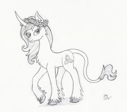 Size: 1862x1644 | Tagged: safe, artist:sensko, classical unicorn, pony, unicorn, celtic knot, chest fluff, cloven hooves, curved horn, floral head wreath, flower, grayscale, horn, knotwork, leonine tail, monochrome, pencil drawing, prance, simple background, sketch, solo, traditional art, unshorn fetlocks, white background