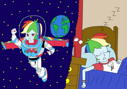 Size: 2337x1649 | Tagged: safe, artist:equestriaguy637, rainbow dash, equestria girls, g4, astronaut, bed, bedroom, buzz lightyear, clothes, cosplay, costume, crossover, cutie mark, cutie mark on clothes, dream, earth, male, pajamas, picture frame, pillow, sleeping, space, spacesuit, stars, toy story, wristband, zzz