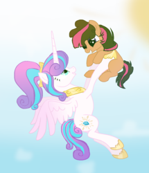 Size: 842x981 | Tagged: safe, artist:theapplebeauty, princess flurry heart, oc, oc:charm book, earth pony, pony, g4, female, flying, holding a pony, mare, offspring, older, parent:cheese sandwich, parent:twilight sparkle, parents:twicheese