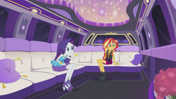 Size: 1920x1080 | Tagged: safe, screencap, rarity, sunset shimmer, driving miss shimmer, equestria girls, equestria girls series, g4, driving miss shimmer: rarity, geode of empathy, geode of shielding, limousine, magical geodes, rarity peplum dress