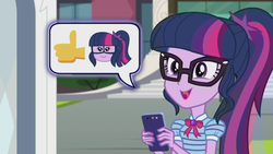 Size: 1920x1080 | Tagged: source needed, safe, screencap, sci-twi, twilight sparkle, human, equestria girls, g4, my little pony equestria girls: better together, text support, text support: rarity, cellphone, emoji, geode of telekinesis, magical geodes, phone, smiling, thumbs up, 👍