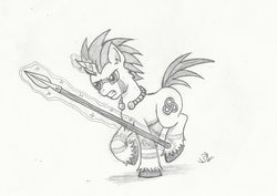 Size: 2120x1503 | Tagged: safe, artist:sensko, pony, unicorn, celtic, celtic knot, gaul, grayscale, knotwork, magic, magic aura, monochrome, pencil drawing, simple background, sketch, solo, spear, torque, traditional art, tribal, war paint, warrior, weapon, white background
