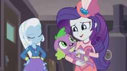 Size: 1920x1080 | Tagged: safe, screencap, rarity, spike, spike the regular dog, trixie, dog, equestria girls, equestria girls series, g4, rarity investigates: the case of the bedazzled boot, clothes, detective rarity, hoodie, rarity investigates (eqg): trixie