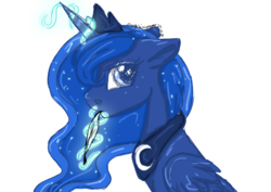 Size: 1024x724 | Tagged: safe, artist:aurasinchaser, princess luna, pony, g4, bust, feather, female, magic, portrait, solo