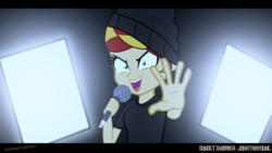 Size: 2560x1440 | Tagged: safe, artist:ngrycritic, sunset shimmer, equestria girls, g4, clothes, evil smile, female, jonathan young, microphone, open mouth, singing, smiling, solo