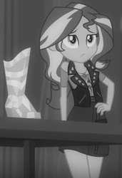 Size: 530x775 | Tagged: safe, screencap, sunset shimmer, equestria girls, g4, my little pony equestria girls: better together, my little pony equestria girls: choose your own ending, rarity investigates: the case of the bedazzled boot, black and white, boots, cropped, female, grayscale, hand on hip, legs, monochrome, noir, sexy, shoes, solo