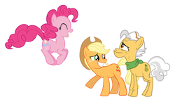 Size: 830x482 | Tagged: artist needed, source needed, safe, applejack, grand pear, pinkie pie, g4, my little pony: friendship is magic, pinkie apple pie, the perfect pear, bouncing, introduction, simple background, white background