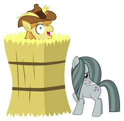 Size: 684x668 | Tagged: safe, braeburn, marble pie, g4, blushing, embarrassed, female, hay bale, hayburn, male, oops, ship:braeble, shipping, straight